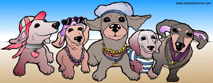 comic figur, comic dackel, mehrere Dackel am Strand mit Strandoutfit, badeanzug, sonnenbrille und Hut, die Künstlerin zeichnet jedgliche Art von Hunde, Haushunde, Hundewelpen, Welpen, Baby Hunde, Hunde Comics, Hunde Comic, Hunderassen, lustige Hunde, Hunde-comic, Hundecomic, Hunde-comics, Illustrationen Hund, Hündchen, Huendchen, hundeschule, hunde-schule, wolf, wölfe, wölfchen, Wauwau, Rüde, Hündin, Zohe, Kläffer, Köter, Töle, Pudel, Labrador, retriver, retriver, schäferhund, golden, chihuahua, chiwawa, australien shepherd, bulldogge, beagel, mops, möpse, Jack Russel, Terrier, Boder collie, Border Collie, pudel , rottweiler, dackel, dogge, boxer Ridgeback rhodesian, berner, sennenhund, dobermann, malteser, cocker, husky, dalmatiner, Havaneser, zwetna, collie, akita, zwergspitz, spitz, bullterrier, king charles. Kontaktieren Sie die Malerin und Illustratorin auf www.mausebaeren.com